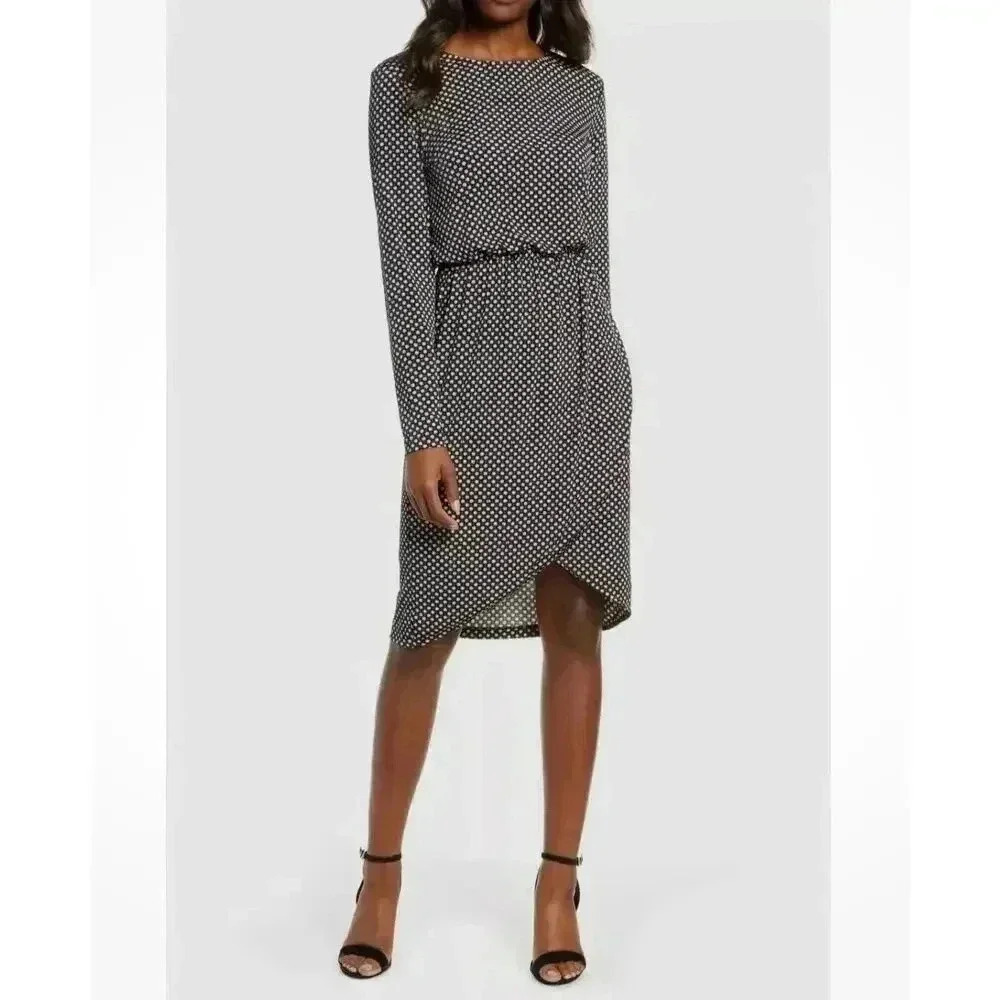 Leota Women's Black Angelina Long Sleeve Printed Jersey Shift Dress Size XL